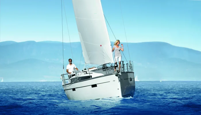 Bavaria Cruiser 37 at anchor in clear Mediterranean water
