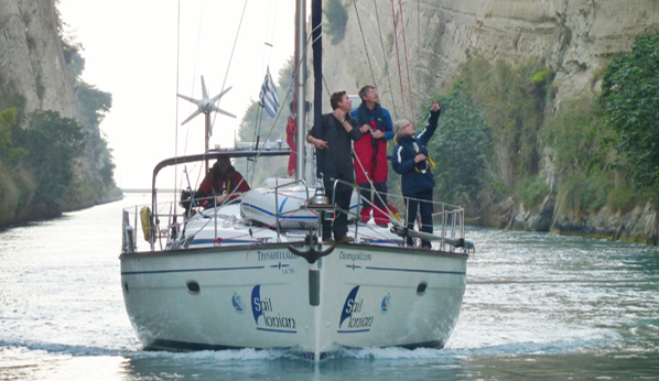 A group of people on a Bavaria 46 sailboat, named 