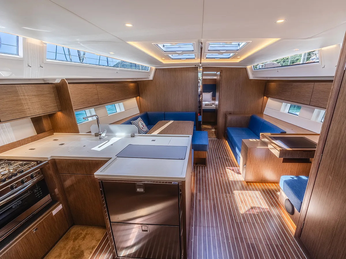Azure’s bright saloon and galley, designed for comfortable time on board.