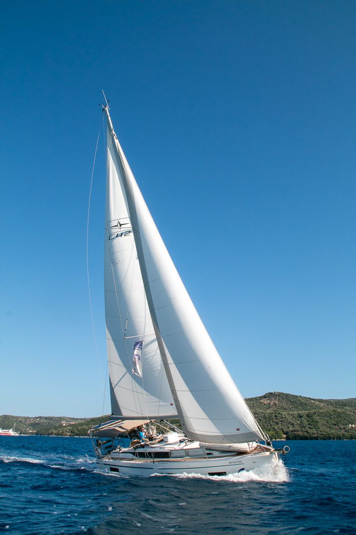 A Bavaria C42 sailboat with a full set of white sails deployed, cruising on blue ocean waters against a clear sky with a lush green coastline in the background.