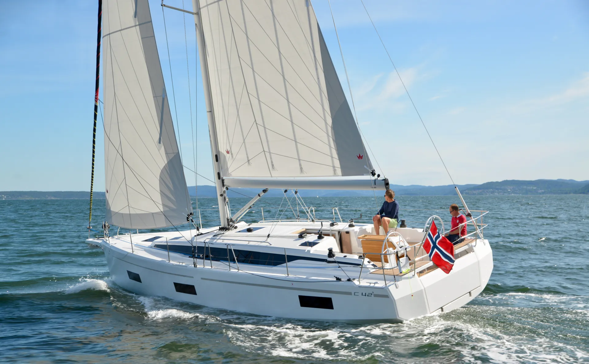 A white Bavaria C42 sailboat with two people on board sails on calm water. The boat displays a Norwegian flag at the stern, and land with trees is visible in the background under a clear blue sky.