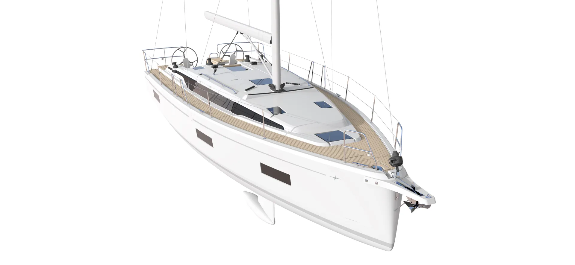 A modern white sailing yacht, the Bavaria C42, features a sleek design with deck railings and dual steering wheels, viewed from above at an angle on a plain white background.
