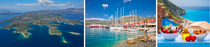 Three consecutive images: 1) aerial view of a rugged, green island chain surrounded by deep blue sea. 2) busy marina with sailboats docked along a picturesque village in Greece.