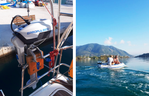Left: close-up of an electric outboard motor mounted on the stern of a boat. Right: two people in a small boat enjoying a ride on a calm blue lake surrounded by mountains during the
