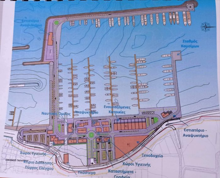 A colorful map displaying a layout of the Palairos Marina area with marked structures, roads, and nearby bodies of water, using various symbols and text labels in Greek.