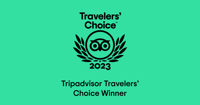 Logo for Tripadvisor Travelers' Choice Award 2023 winner featuring an owl icon encircled by laurel wreaths on a green background.