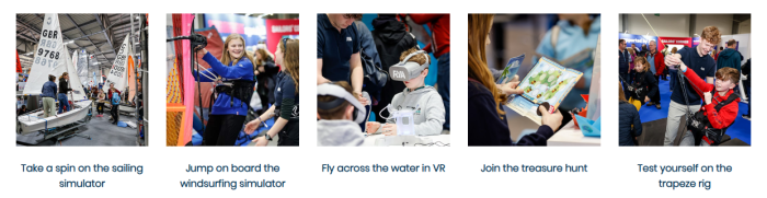 People engaging in various activities: sailing simulator, windsurfing simulator, VR water experience, treasure hunt, and trapeze rig. Smiles and laughter show enjoyment at the RYA Dinghy Show. Whether it's Sail Ionian or dinghy sailing, there's fun around every corner.