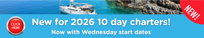 A sailboat anchored near a rocky shore and clear blue water. Banner reads: 'New for 2026 10 day yacht charter Greece! Now with Wednesday start dates.' A red button says 'Click here' and a red ribbon says 'NEW!'.