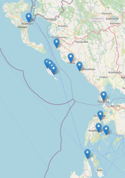 Map showing Sail Ionian's north ionian route with the northwest coast of Greece, including Corfu and nearby mainland locations—perfect for planning a two weeks' south adventure. Blue location markers highlight various points along the coast and islands in the Ionian Sea.