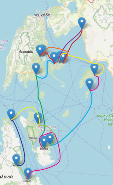 A map of the two weeks south ionian route by Sail Ionian showing parts of western Greece with several coloured routes connecting blue location markers across islands and coastal areas, including Lefkada, Ithaca, and nearby regions—ideal for planning journeys while avoiding easterly winds.