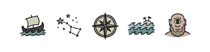 A sailing ship reminiscent of Odysseus’ epic journey, a star constellation, a compass pointing the way home to Ithaca, an island with people, and a simply illustrated one-eyed Cyclops head—all depicted on a crisp white background.