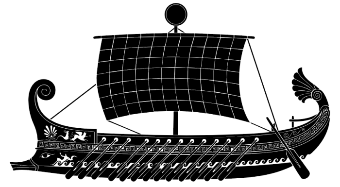 Black and white illustration of an ancient Greek ship with a large square sail, decorative patterns, an eye on the prow, a row of oars, and ornate designs on the front and rear—evoking the spirit of classic adventures and timeless sailing holidays.