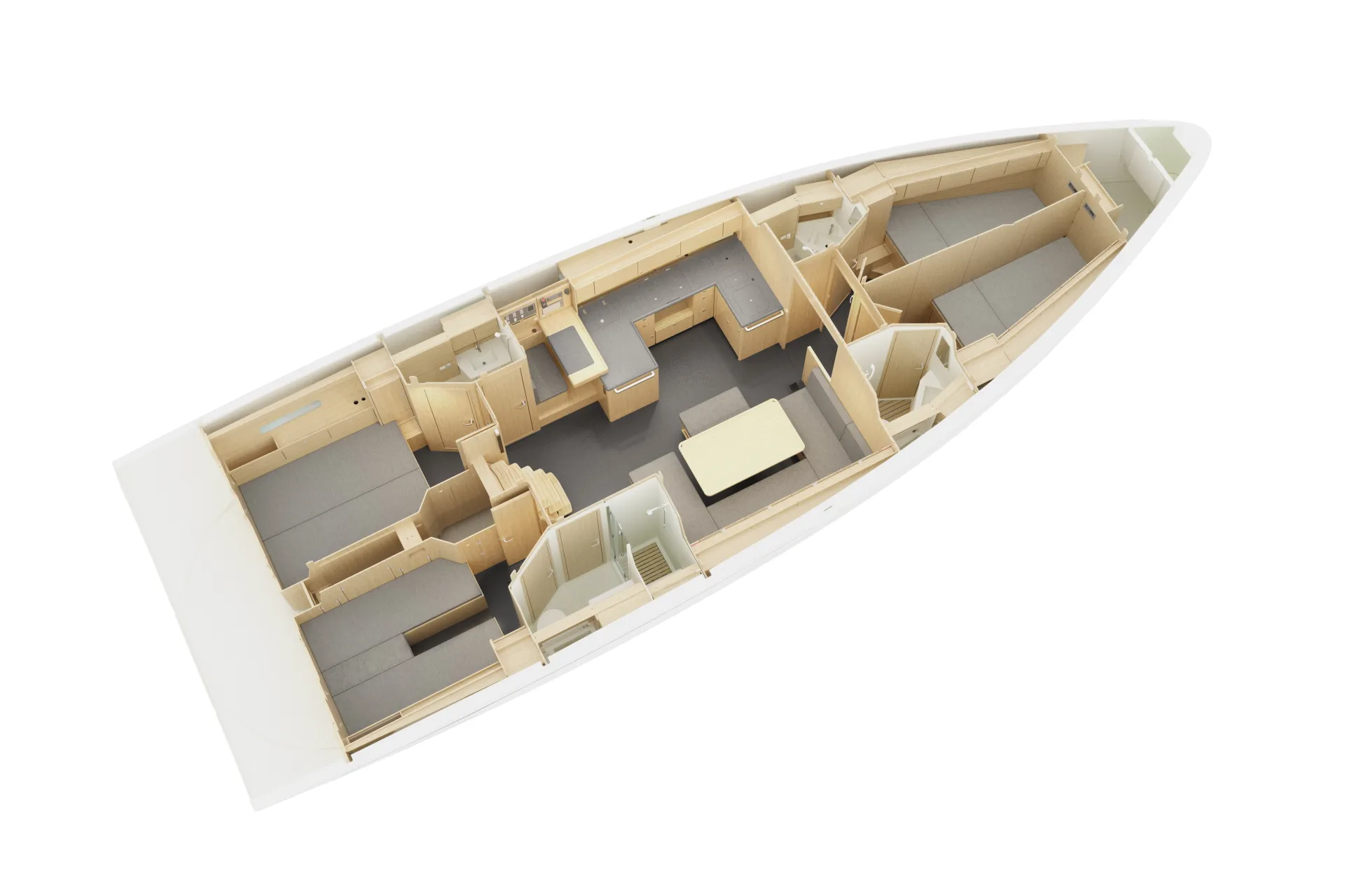 3D floor plan of a yacht’s interior showing various rooms, including bedrooms, bathrooms, a kitchen, and a central living area with a table, all in neutral beige and grey tones.